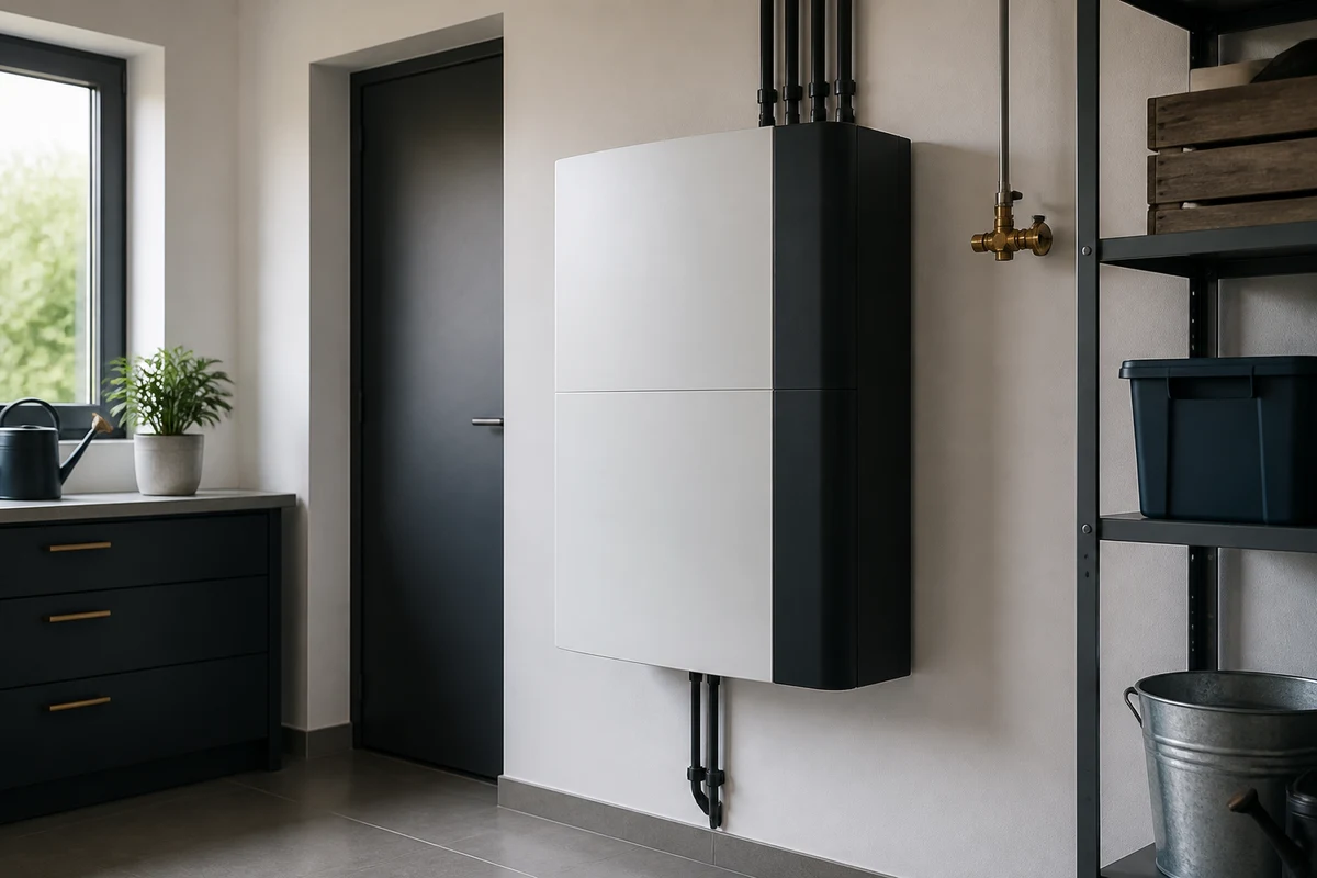 Moderner Batteriespeicher in einem aufgeräumten Hauswirtschaftsraum